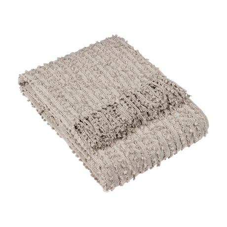 Arvo Plain Cotton Throw in feather grey, folded to show a textured boucle stripe weave and fringed edge, cotton-polyester blend, on a plain white background.