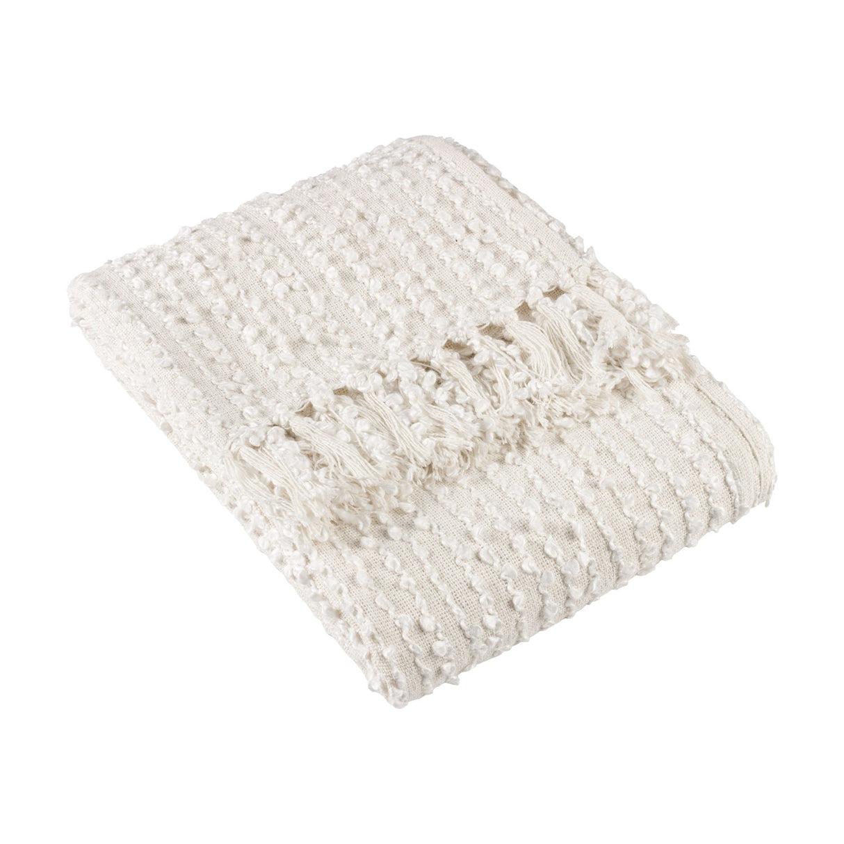 Arvo Plain Cotton Throw in natural cream, folded to show textured vertical boucle rows and knotted fringe edge, on a plain white background.