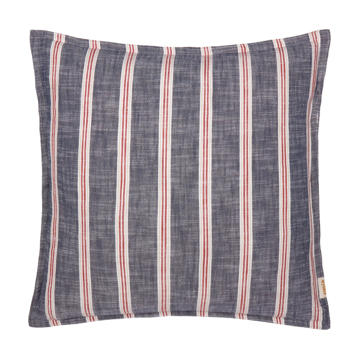Abersoch Stripe cushion in Regatta Red, a square cotton cushion with vertical red and cream stripes on a slubby indigo-blue ground, shown on a plain white background.