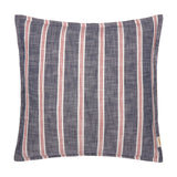 Abersoch Stripe cushion in Regatta Red, a square cotton cushion with vertical red and cream stripes on a slubby indigo-blue ground, shown on a plain white background.