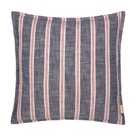 Abersoch Stripe cushion in Regatta Red, a square cotton cushion with vertical red and cream stripes on a slubby indigo-blue ground, shown on a plain white background.