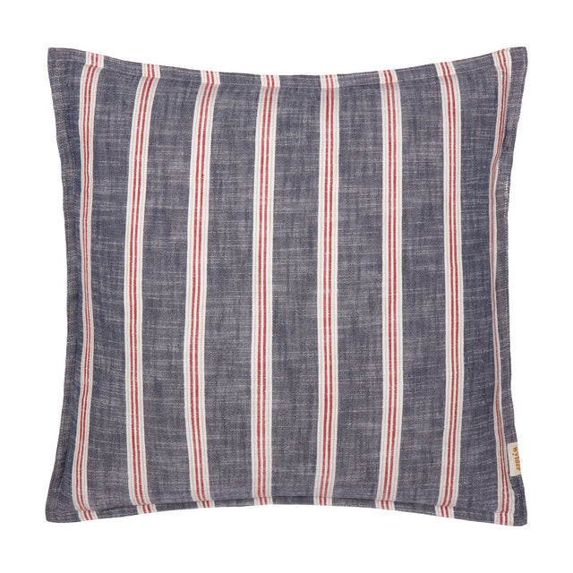 Abersoch Stripe cushion in Regatta Red, a square cotton cushion with vertical red and cream stripes on a slubby indigo-blue ground, shown on a plain white background.