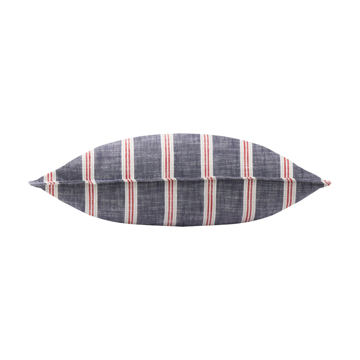 Abersoch Stripe Yarn-Dyed Cotton Cushion lying flat, showing red and cream vertical stripes on a slubby indigo-blue cotton ground, photographed on a plain white background.
