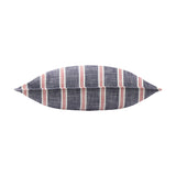 Abersoch Stripe Yarn-Dyed Cotton Cushion lying flat, showing red and cream vertical stripes on a slubby indigo-blue cotton ground, photographed on a plain white background.