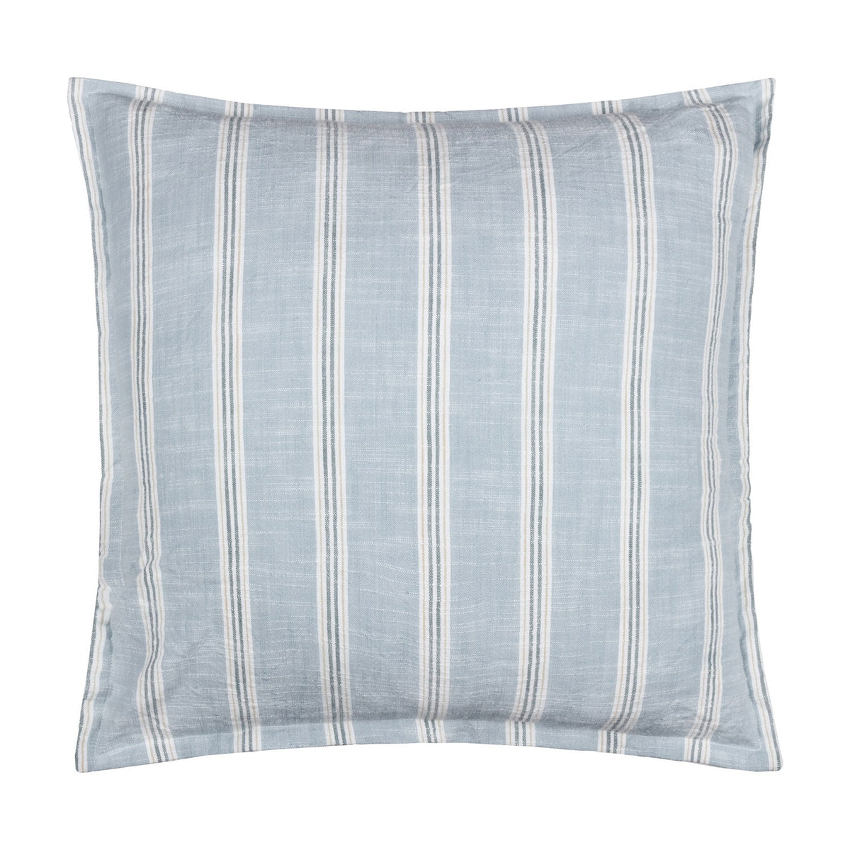 Square Abersoch Stripe cushion in sail blue, 100% yarn-dyed cotton with vertical white and grey stripes, shown on a plain white background.