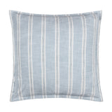 Square Abersoch Stripe cushion in sail blue, 100% yarn-dyed cotton with vertical white and grey stripes, shown on a plain white background.