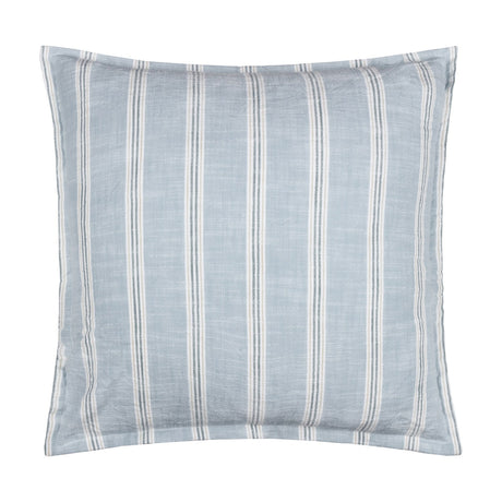 Square Abersoch Stripe cushion in sail blue, 100% yarn-dyed cotton with vertical white and grey stripes, shown on a plain white background.
