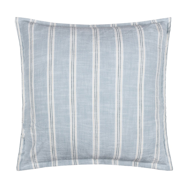 Square Abersoch Stripe cushion in sail blue, 100% yarn-dyed cotton with vertical white and grey stripes, shown on a plain white background.