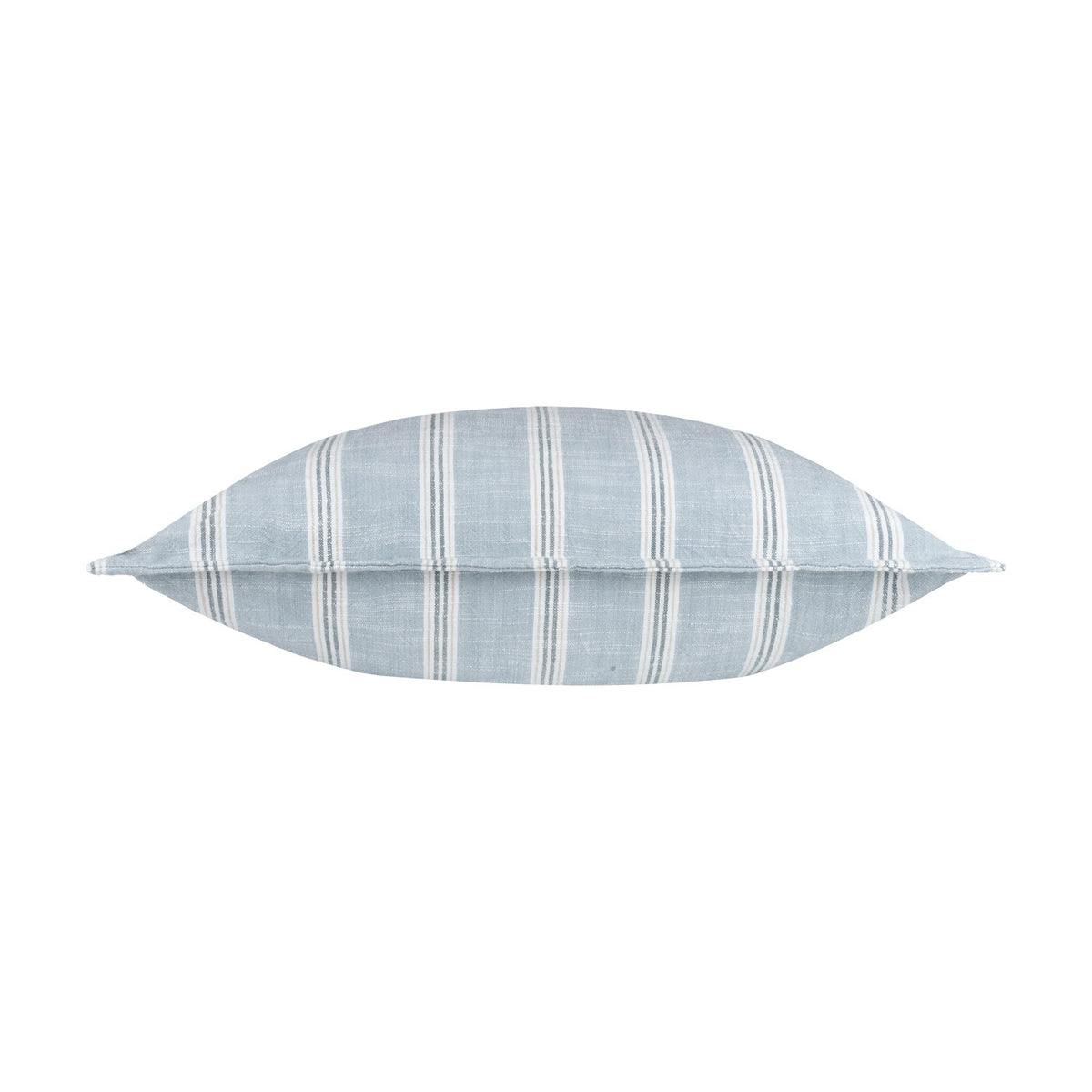 Abersoch Stripe Yarn-Dyed Cotton Cushion in Sail Blue, shown lying flat with white and grey stripes across a soft blue cotton cover, on a plain white background.