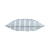 Abersoch Stripe Yarn-Dyed Cotton Cushion in Sail Blue, shown lying flat with white and grey stripes across a soft blue cotton cover, on a plain white background.