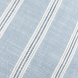 Close-up of the Abersoch Stripe cushion fabric in sail blue, showing diagonal woven stripes in white, sage green, and beige on a 100% yarn-dyed cotton ground.