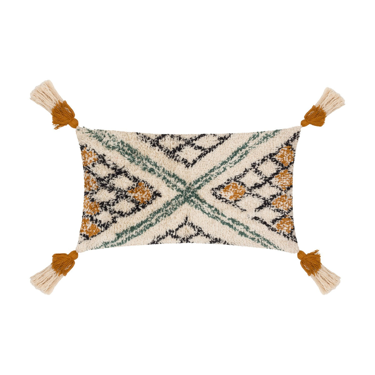 Atlas Tufted Cotton Cushion in Ochre, a rectangular bolster with a high-pile diamond and chevron pattern in cream, black, green and ochre, finished with corner tassels.