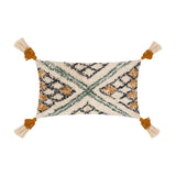 Atlas Tufted Cotton Cushion in Ochre, a rectangular bolster with a high-pile diamond and chevron pattern in cream, black, green and ochre, finished with corner tassels.