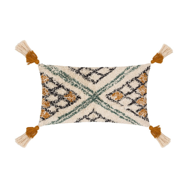 Atlas Tufted Cotton Cushion in Ochre, a rectangular bolster with a high-pile diamond and chevron pattern in cream, black, green and ochre, finished with corner tassels.