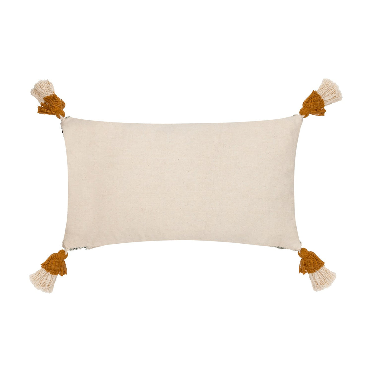 Atlas Tufted Cotton Cushion in Ochre, rectangular bolster shown reverse side in plain cream cotton with ochre and natural double-layer tassels at each corner, on a white background.