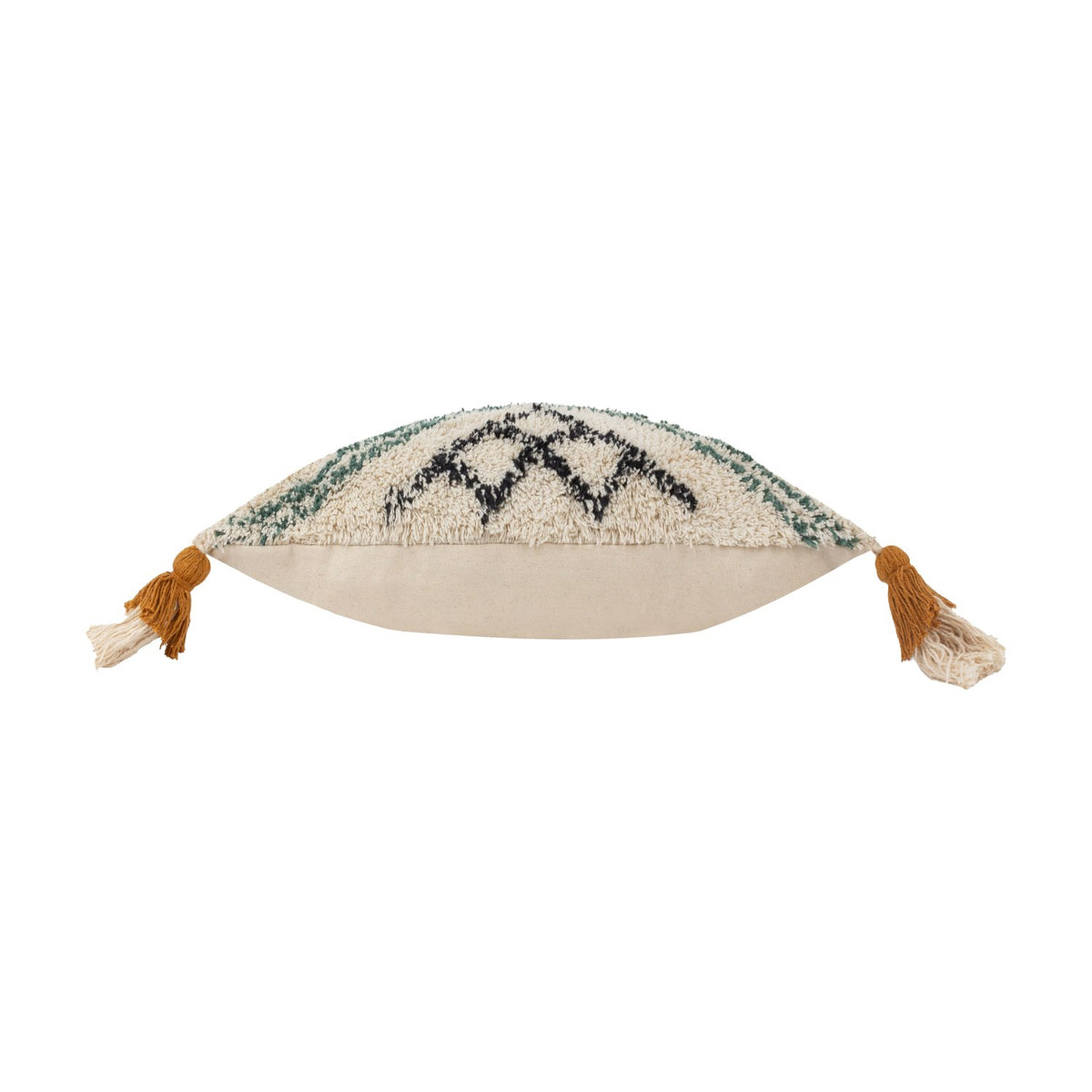 Atlas Tufted Cotton Cushion in Ochre, a bolster cushion with cream, black and green tufted diamond pattern and ochre tassels at each corner, shown on a plain white background.