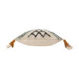 Atlas Tufted Cotton Cushion in Ochre, a bolster cushion with cream, black and green tufted diamond pattern and ochre tassels at each corner, shown on a plain white background.