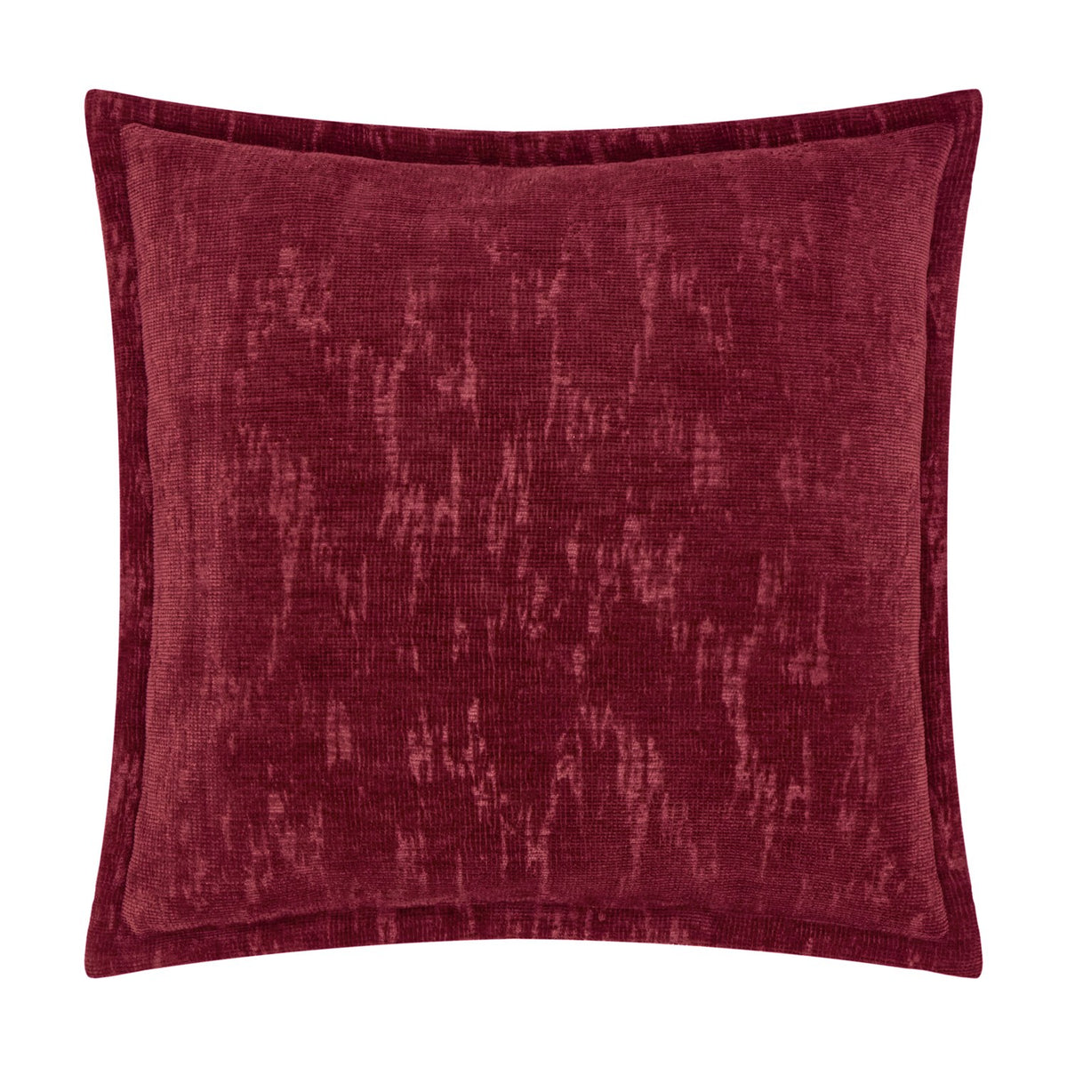 Aurelio Chenille Jacquard Polyester Cushion in burgundy, a square cushion with a mottled, abstract woven texture and flanged edge, shown on a plain white background.