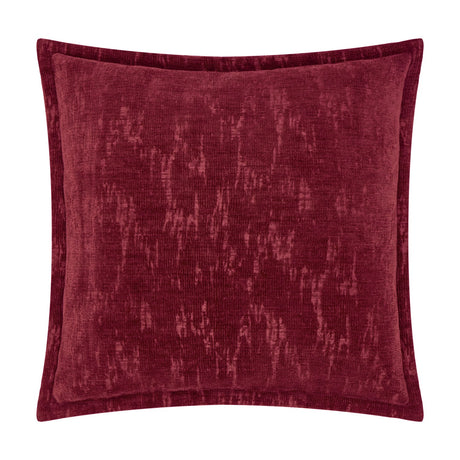 Aurelio Chenille Jacquard Polyester Cushion in burgundy, a square cushion with a mottled, abstract woven texture and flanged edge, shown on a plain white background.