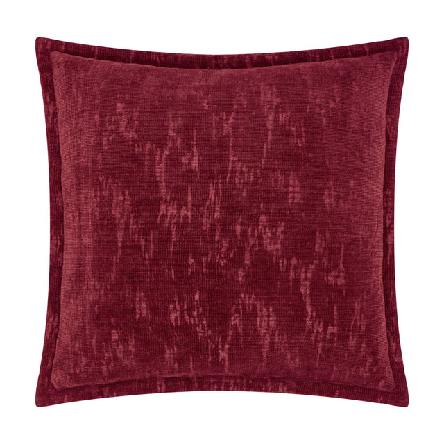 Aurelio Chenille Jacquard Polyester Cushion in burgundy, a square cushion with a mottled, abstract woven texture and flanged edge, shown on a plain white background.