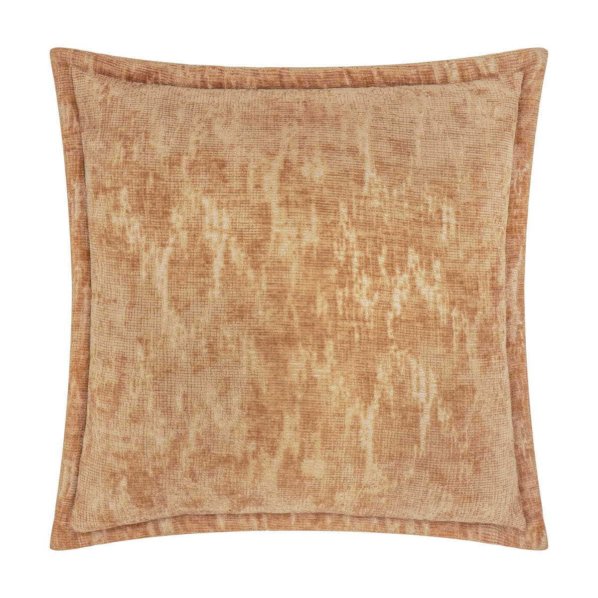 Aurelio Chenille Jacquard Polyester Cushion in caramel, square with an oxford border and abstract mottled pattern, shown on a plain white background.