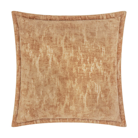 Aurelio Chenille Jacquard Polyester Cushion in caramel, square with an oxford border and abstract mottled pattern, shown on a plain white background.