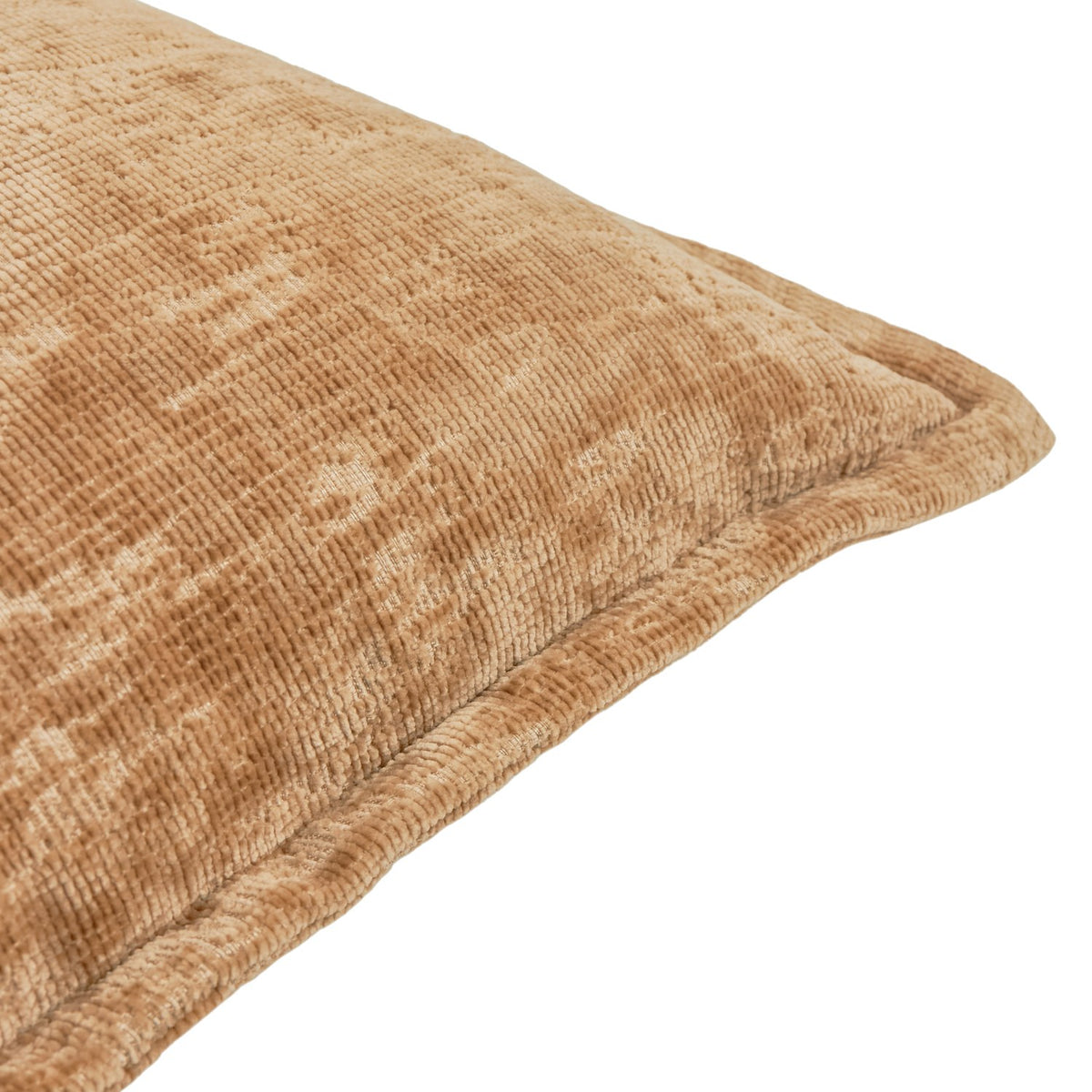 Aurelio Chenille Jacquard Polyester Cushion in caramel, close-up of the textured pile fabric and oxford border edge, on a plain white background.
