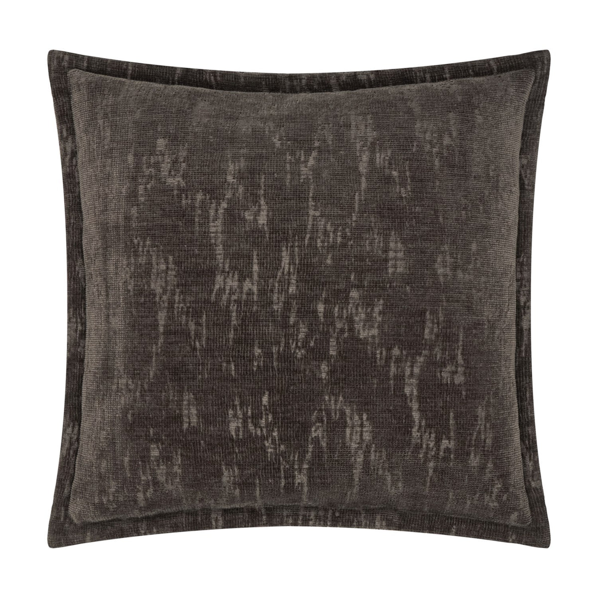 Aurelio Chenille Jacquard Polyester Cushion in charcoal, square with a flanged edge, showing an abstract textured pattern in tonal grey shades on a plain white background.