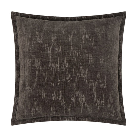 Aurelio Chenille Jacquard Polyester Cushion in charcoal, square with a flanged edge, showing an abstract textured pattern in tonal grey shades on a plain white background.