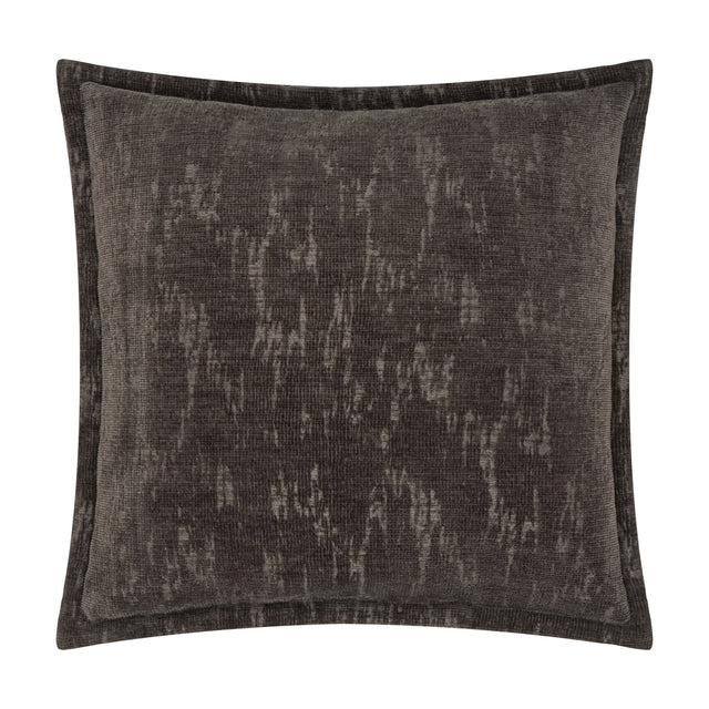 Aurelio Chenille Jacquard Polyester Cushion in charcoal, square with a flanged edge, showing an abstract textured pattern in tonal grey shades on a plain white background.