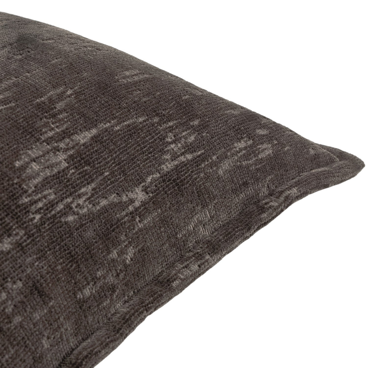 Close-up of the Aurelio Chenille Jacquard Polyester Cushion in charcoal, showing the textured abstract pattern in tonal grey on a corner detail against a white background.