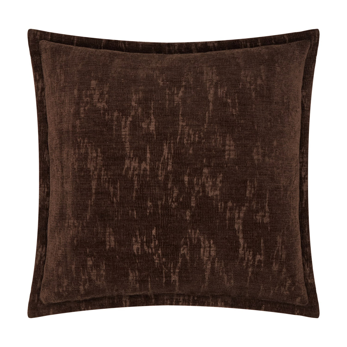 Aurelio Chenille Jacquard Polyester Cushion in chocolate brown, square shape with a mottled abstract pattern and flanged edge, shown on a plain white background.