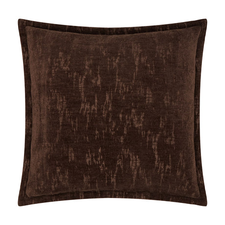 Aurelio Chenille Jacquard Polyester Cushion in chocolate brown, square shape with a mottled abstract pattern and flanged edge, shown on a plain white background.
