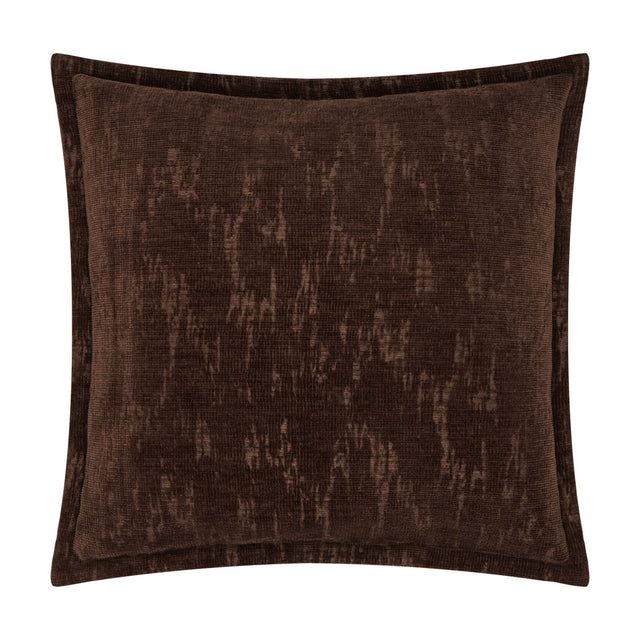 Aurelio Chenille Jacquard Polyester Cushion in chocolate brown, square shape with a mottled abstract pattern and flanged edge, shown on a plain white background.