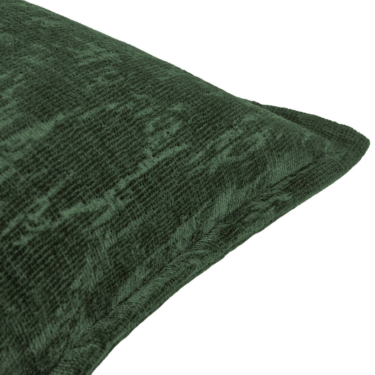 Close-up of the Aurelio Chenille Jacquard Polyester Cushion in emerald green, showing the textured woven pattern and folded corner seam on a white background.