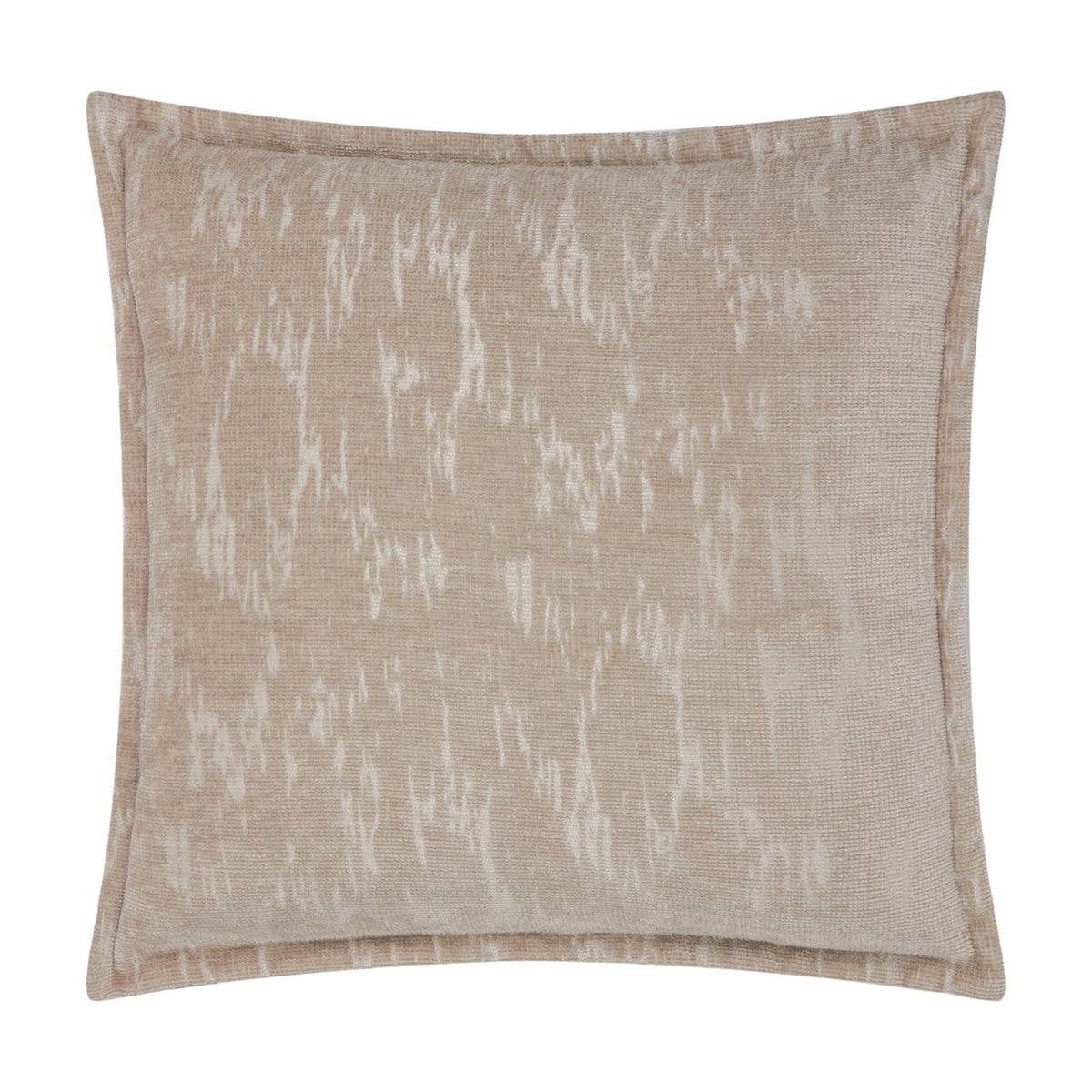 Aurelio Chenille Jacquard Polyester Cushion in mink beige, square with flange edge, abstract woven pattern in tonal shades, shown on a plain white background.