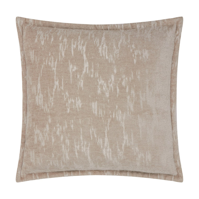 Aurelio Chenille Jacquard Polyester Cushion in mink beige, square with flange edge, abstract woven pattern in tonal shades, shown on a plain white background.