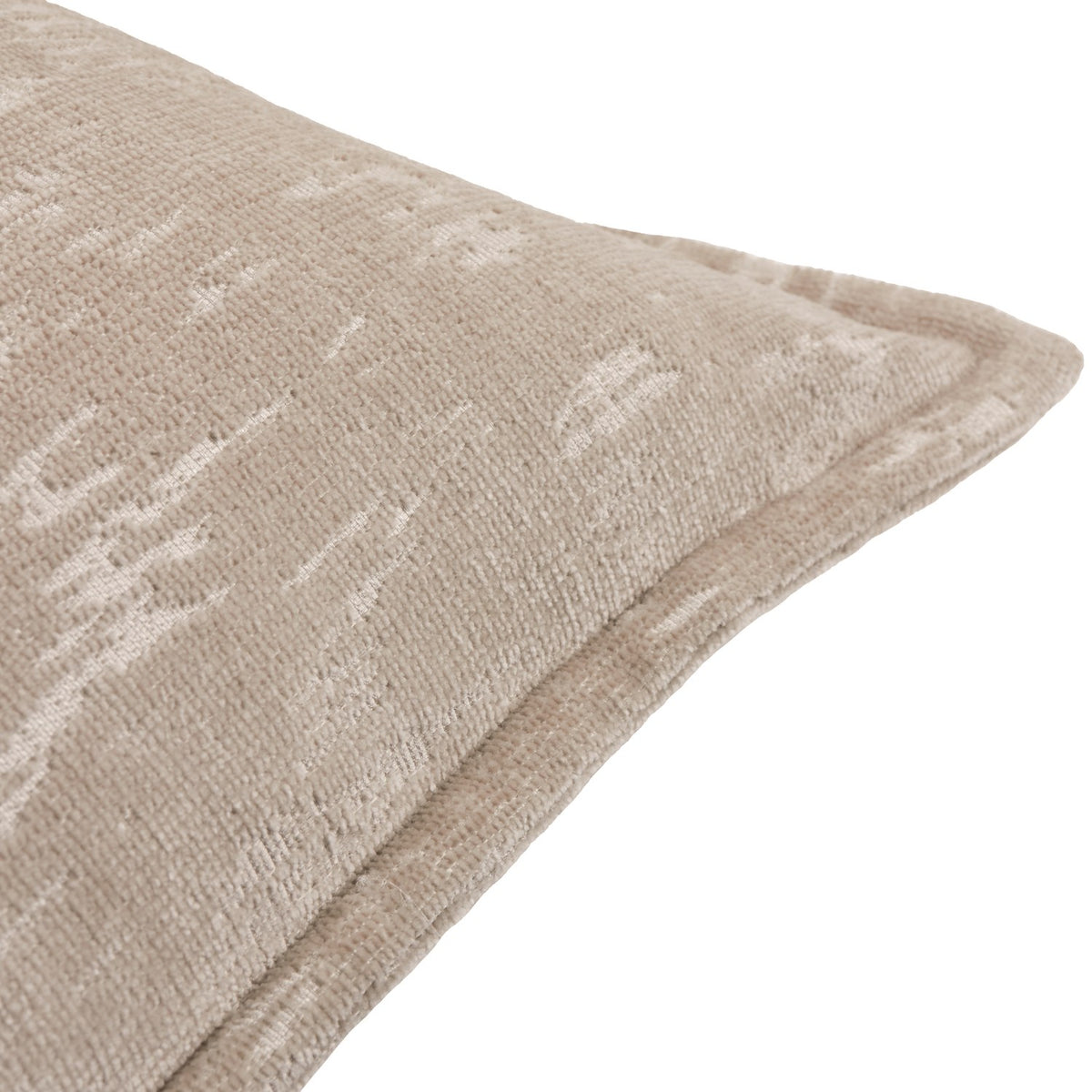 Close-up of the Aurelio Chenille Jacquard Polyester Cushion in mink beige, showing the textured woven fabric, abstract jacquard pattern, and flanged edge on a white background.