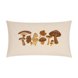 Autumn Forage Woodland rectangular cushion in cream polyester, featuring tufted and embroidered mushrooms, toadstools and autumn leaves in brown, amber and rust tones, on a plain white background.