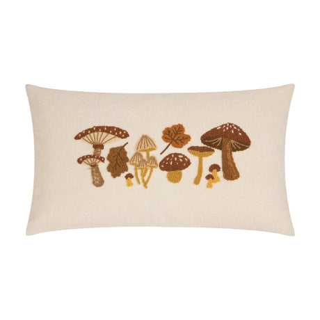 Autumn Forage Woodland rectangular cushion in cream polyester, featuring tufted and embroidered mushrooms, toadstools and autumn leaves in brown, amber and rust tones, on a plain white background.