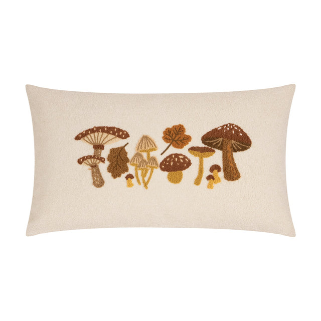 Autumn Forage Woodland rectangular cushion in cream polyester, featuring tufted and embroidered mushrooms, toadstools and autumn leaves in brown, amber and rust tones, on a plain white background.