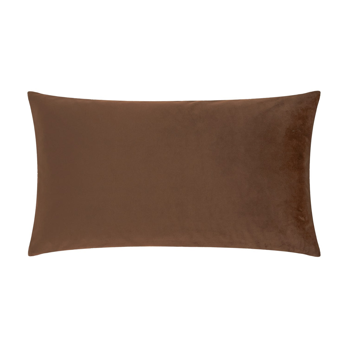 Rectangular scatter cushion in plain truffle brown polyester velvet fabric, shown reverse side on a white background, from the Autumn Forage Woodland cushion set.