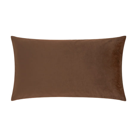 Rectangular scatter cushion in plain truffle brown polyester velvet fabric, shown reverse side on a white background, from the Autumn Forage Woodland cushion set.