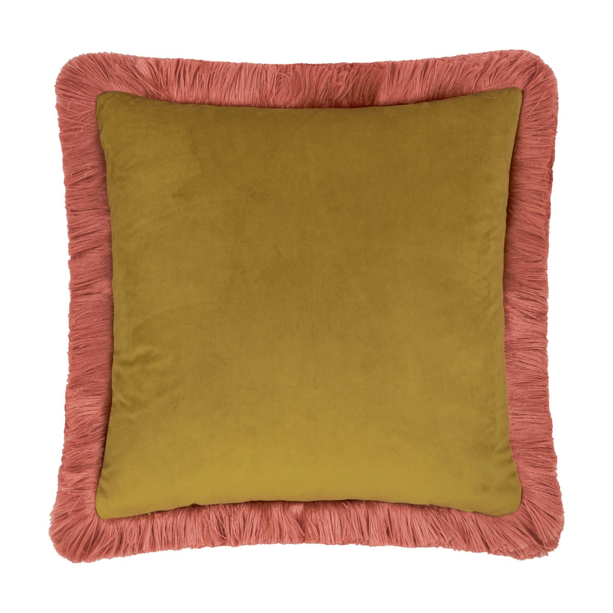 Square velvet cushion in solid moss gold with a plush burnished rose fringed trim along all edges, shown on a plain white background.