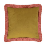 Square velvet cushion in solid moss gold with a plush burnished rose fringed trim along all edges, shown on a plain white background.
