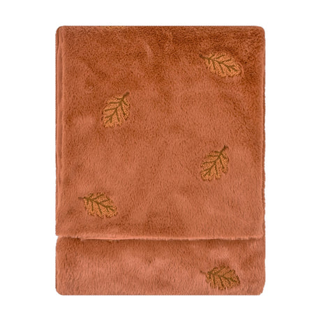 Autumn Trail Velvet Faux Fur Throw in rust, folded flat with a dense faux fur pile embroidered with scattered golden-tan leaf motifs, on a plain white background.