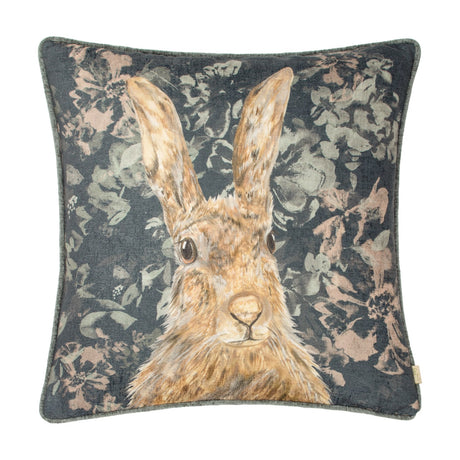 Avebury Animal Velvet Cushion in Navy, a square 43 x 43cm polyester cushion with a hand-painted hare portrait in tan and amber tones set against a dark floral pattern, shown on a white background.