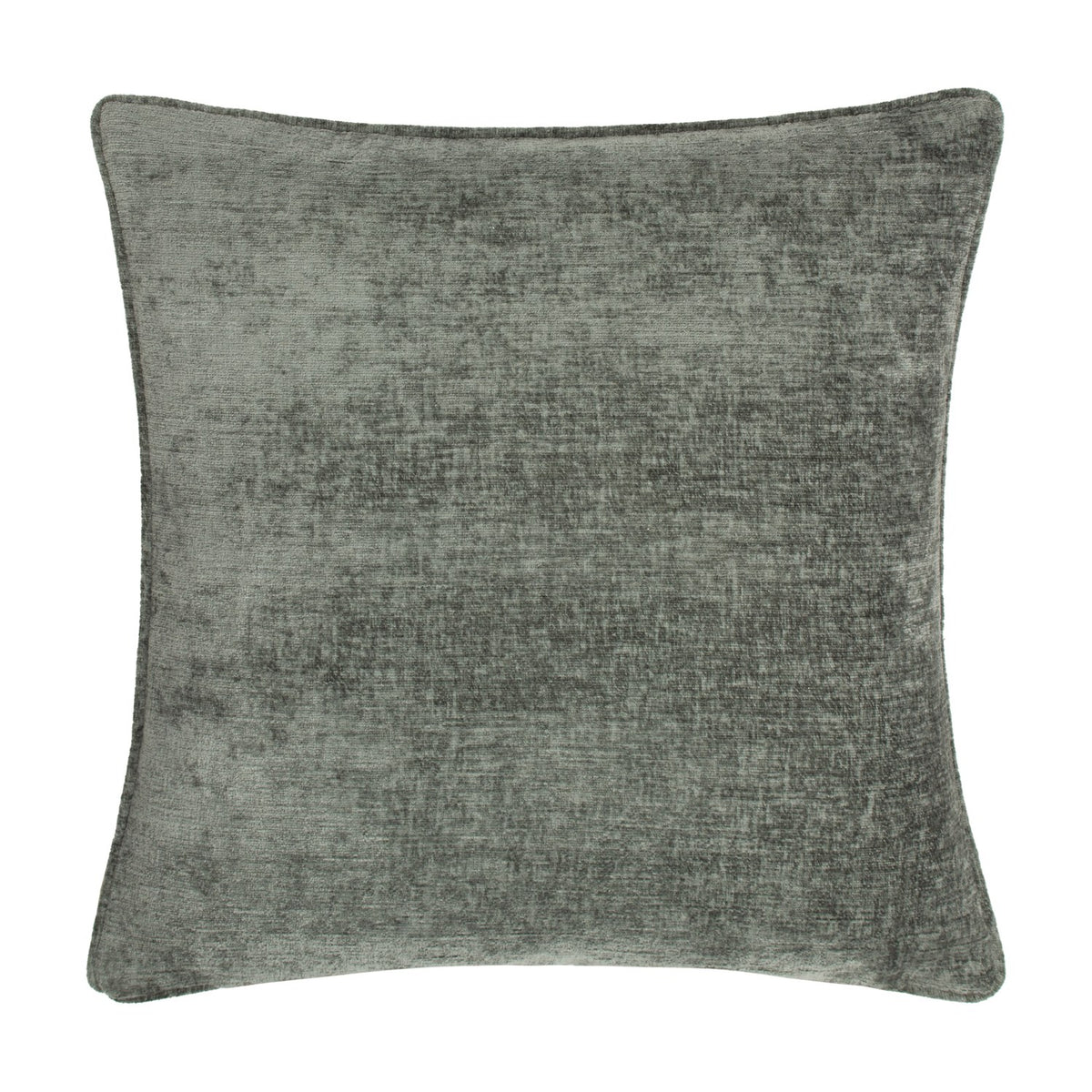 Square grey chenille cushion with piped edge and textured woven finish, shown against a plain white background.