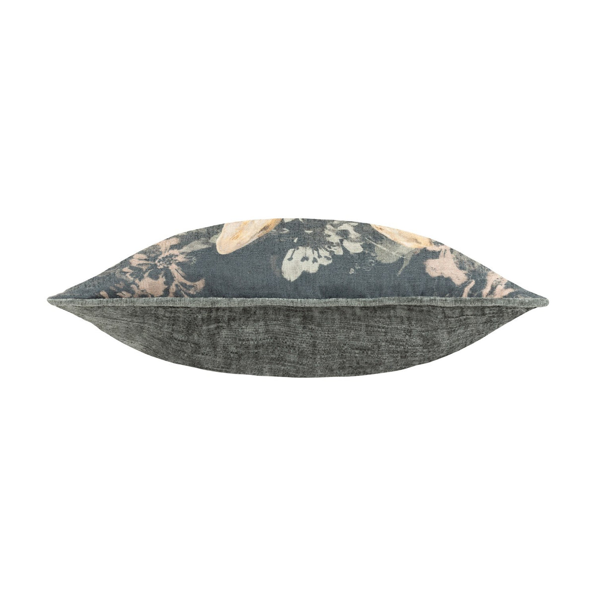 Side view of the Avebury Animal Velvet Cushion in navy, showing a plump square cushion with floral-printed front piping and a plain grey velvet reverse, on a white background.