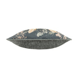 Side view of the Avebury Animal Velvet Cushion in navy, showing a plump square cushion with floral-printed front piping and a plain grey velvet reverse, on a white background.